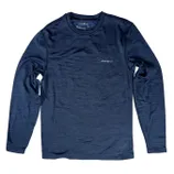 Blue long-sleeve crew neck shirt with subtle texture and small embroidered logo on the chest.
