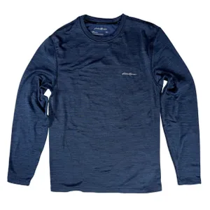 Blue long-sleeve crew neck shirt with subtle texture and small embroidered logo on the chest.