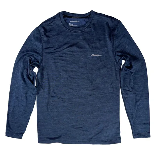 Blue long-sleeve crew neck shirt with subtle texture and small embroidered logo on the chest.
