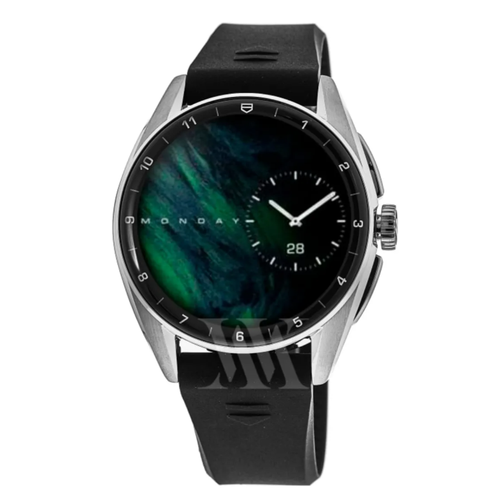 A sleek smartwatch with a round face, featuring a black strap and displaying the day and date on a green swirling background with a small analog clock.