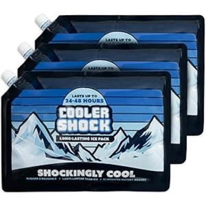 3-pack of 14\“ Cooler Shock reusable ice packs with a mountain design. They are long-lasting, staying cool for 24-48 hours, and are described as \“shockingly cool.\“