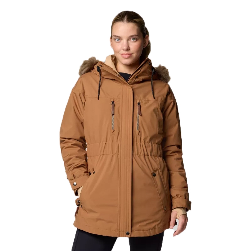 The Columbia Payton Pass Jacket is a brown, insulated winter coat featuring a faux fur-lined hood, dual chest zipper pockets, and adjustable sleeve cuffs for warmth and functionality.