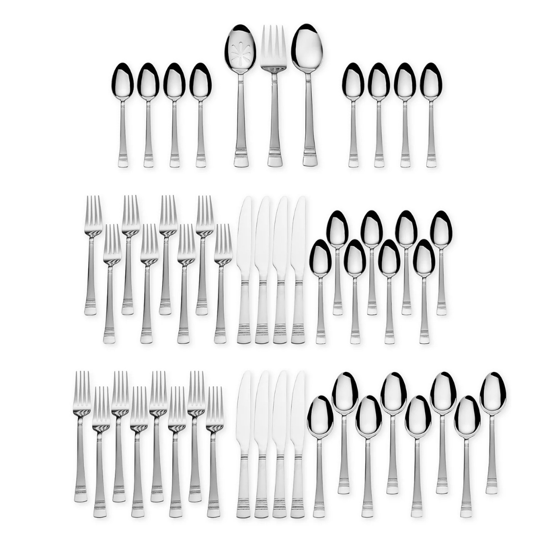 51-piece stainless steel flatware set includes 8 dinner forks, 8 salad forks, 8 dinner knives, 8 tablespoons, 8 teaspoons, 2 serving spoons, 1 serving fork, 1 serving ladle, and 3 specialized spoons with simple, elegant handles.