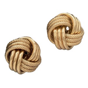 Gold knot stud earrings featuring textured and smooth metallic strands interwoven in a circular shape.