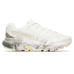 Merrell trail running shoe in white, featuring a Vibram sole with a multi-colored pattern and breathable mesh upper.