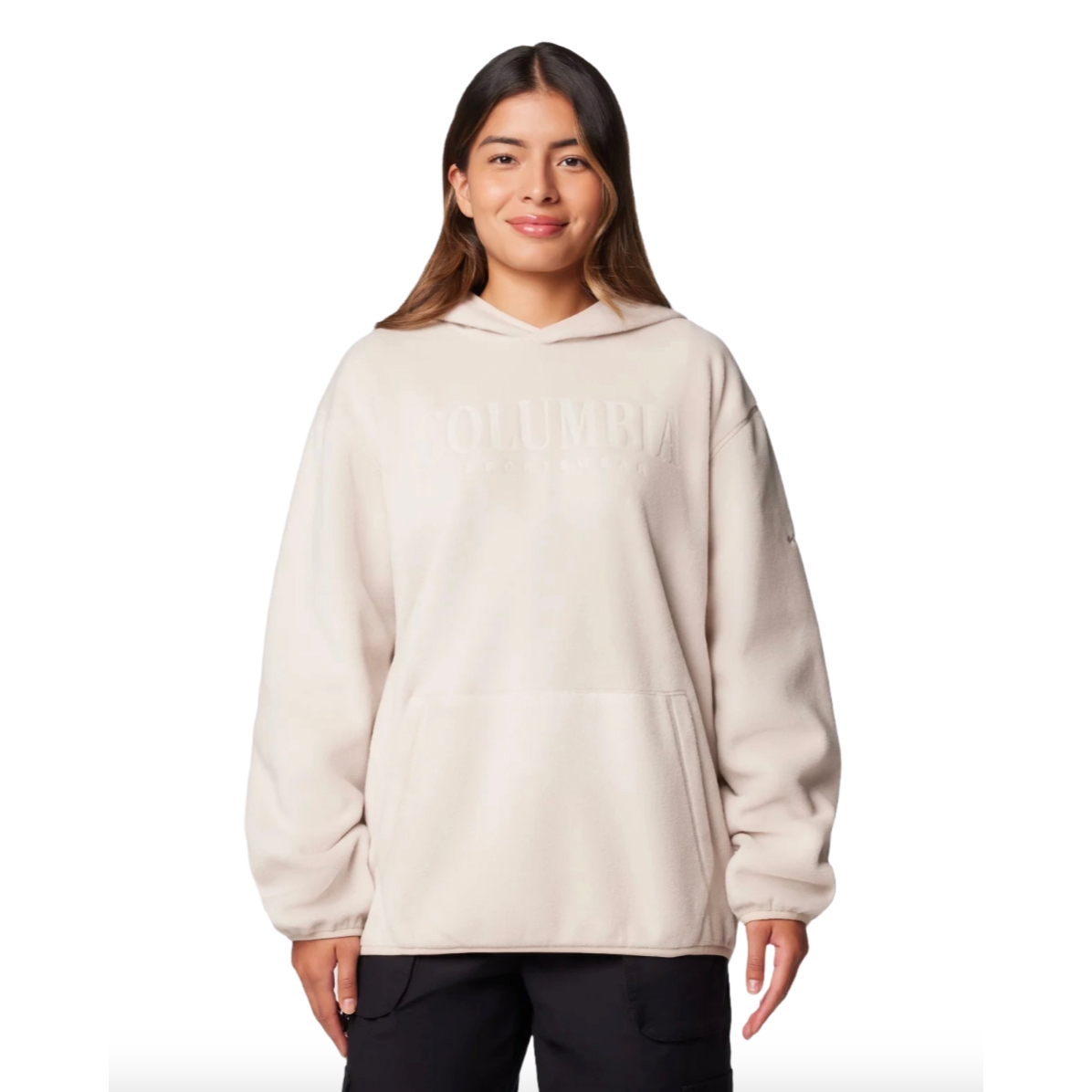 Beige Columbia Trek Fleece Hoodie featuring a relaxed fit, kangaroo pocket, and Columbia logo across the chest.