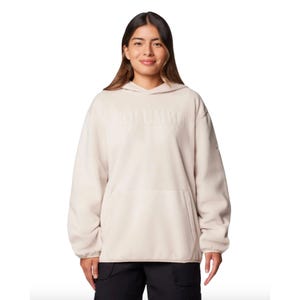 Beige Columbia Trek Fleece Hoodie featuring a relaxed fit, kangaroo pocket, and Columbia logo across the chest.