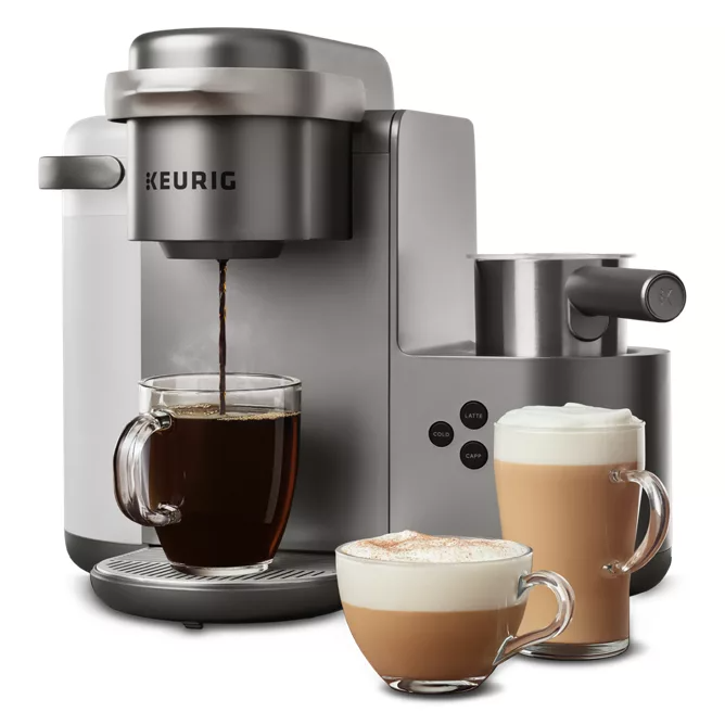 Keurig K-Cafe Brewer with features for brewing coffee, lattes, and cappuccinos, alongside a 20-count K-Cup pack.