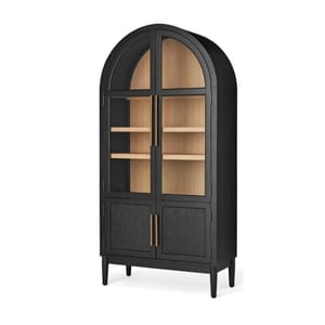 A tall, black, arched cabinet with glass doors on the upper half and wooden shelves inside, featuring lower doors with woven panels and slim handles.