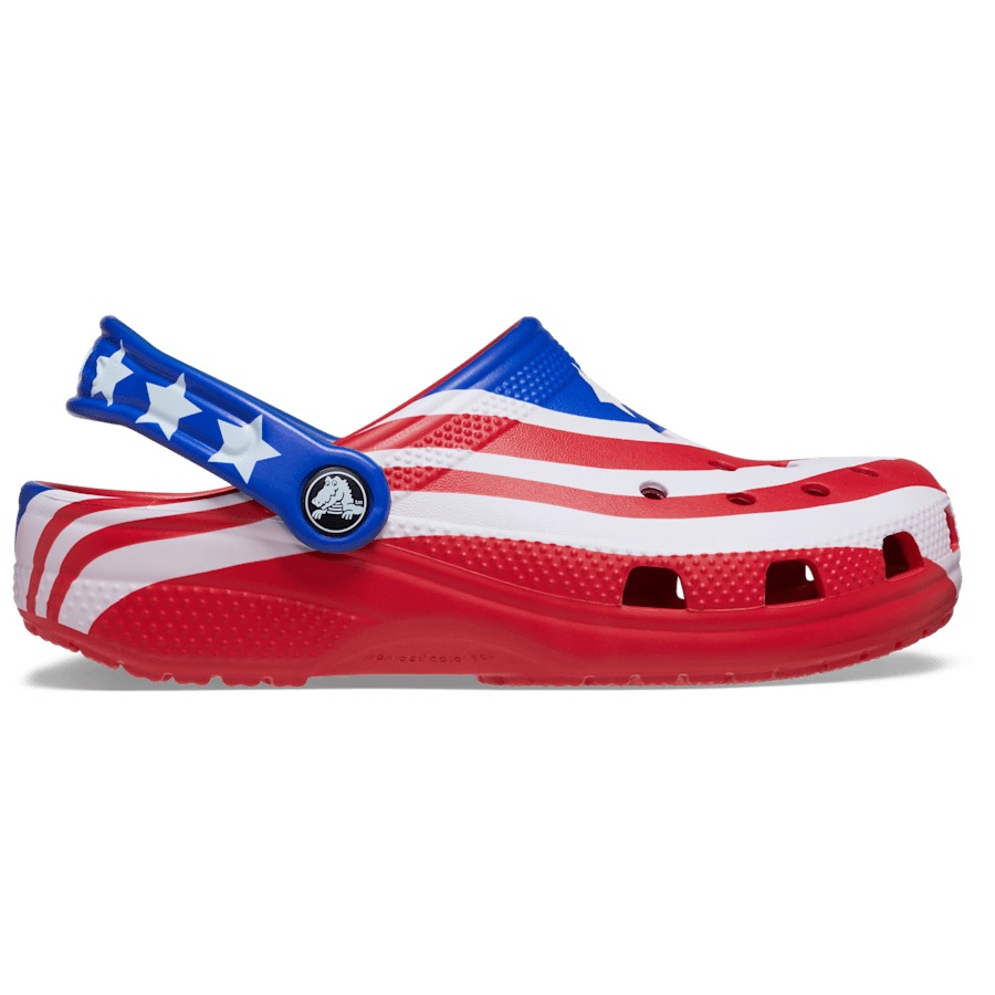 Red, white, and blue Crocs with a stars and stripes design, inspired by the American flag.