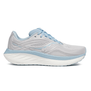 A light blue and gray running shoe featuring breathable mesh, a cushioned sole, and sleek design elements for enhanced comfort and performance.