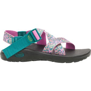 Chaco Mega Z/Cloud Sandals feature multicolored straps with a pink and teal pattern, adjustable buckle, and a black textured sole for comfort and support.