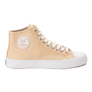 P.F. Flyers Hi-Top Sneakers in beige feature a canvas upper, white rubber toe cap, and sole. The shoe includes metal eyelets, white laces, and a round logo patch on the side.