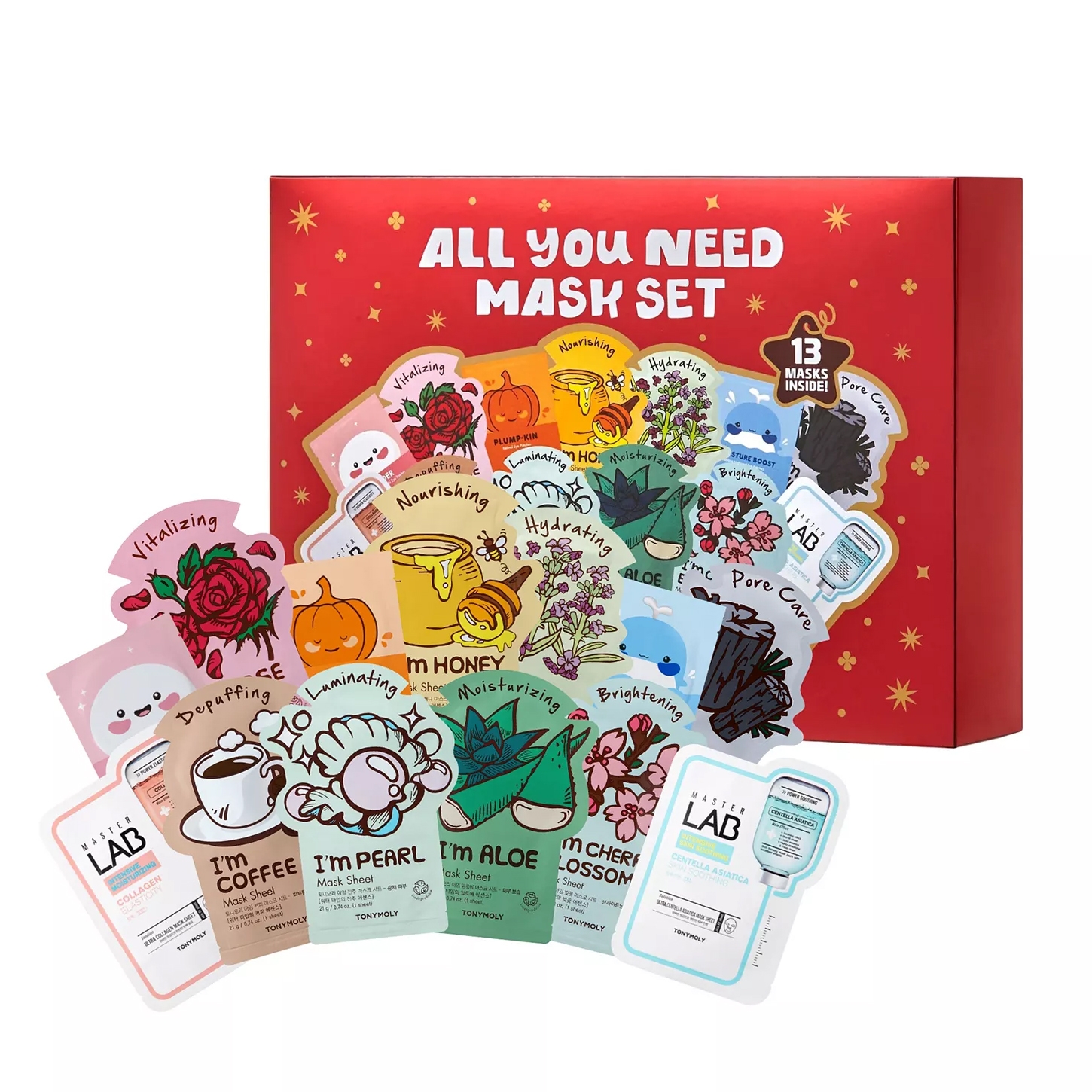 A red gift box titled \“All You Need Mask Set\“ contains 13 TonyMoly face masks with various themes like honey, aloe, and cherry blossom, each focusing on benefits such as moisturizing, brightening, and pore care.
