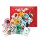 A red gift box titled \“All You Need Mask Set\“ contains 13 TonyMoly face masks with various themes like honey, aloe, and cherry blossom, each focusing on benefits such as moisturizing, brightening, and pore care.