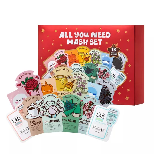 A red gift box titled \“All You Need Mask Set\“ contains 13 TonyMoly face masks with various themes like honey, aloe, and cherry blossom, each focusing on benefits such as moisturizing, brightening, and pore care.