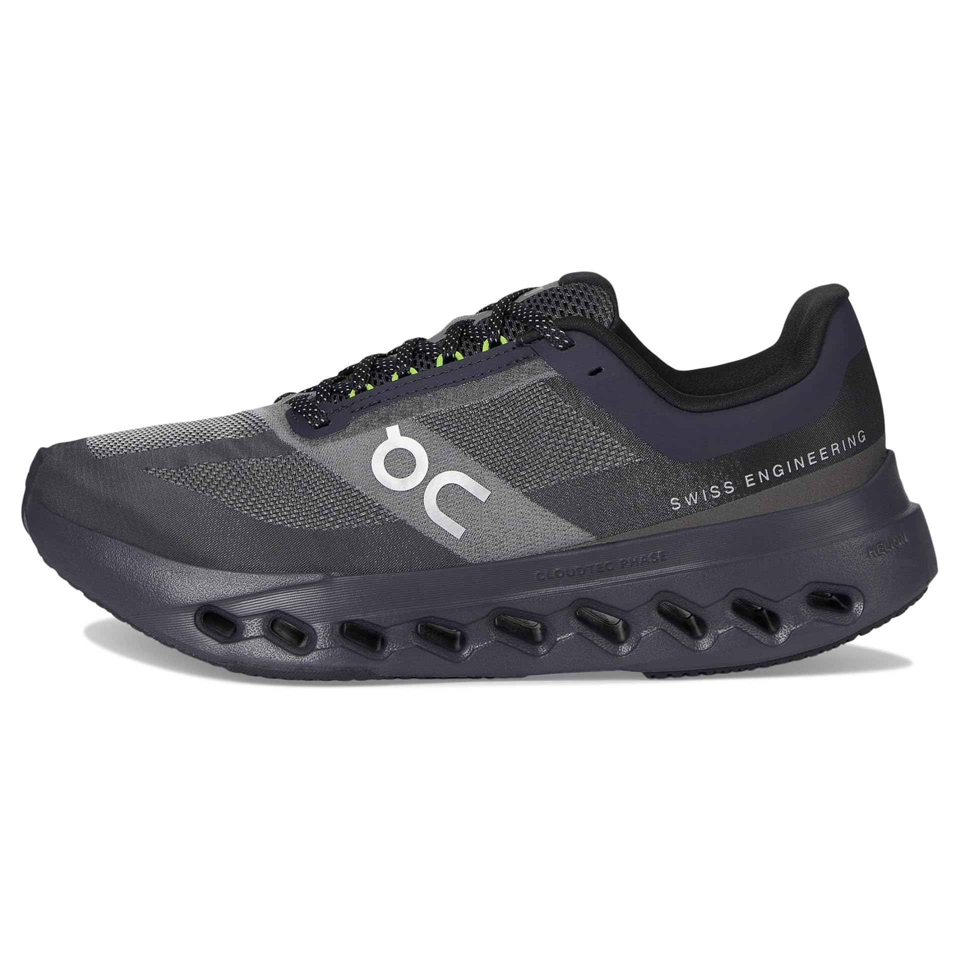 Black and gray athletic shoe with \“On\“ logo and \“Swiss Engineering\“ text, featuring a Cloudtec sole design.