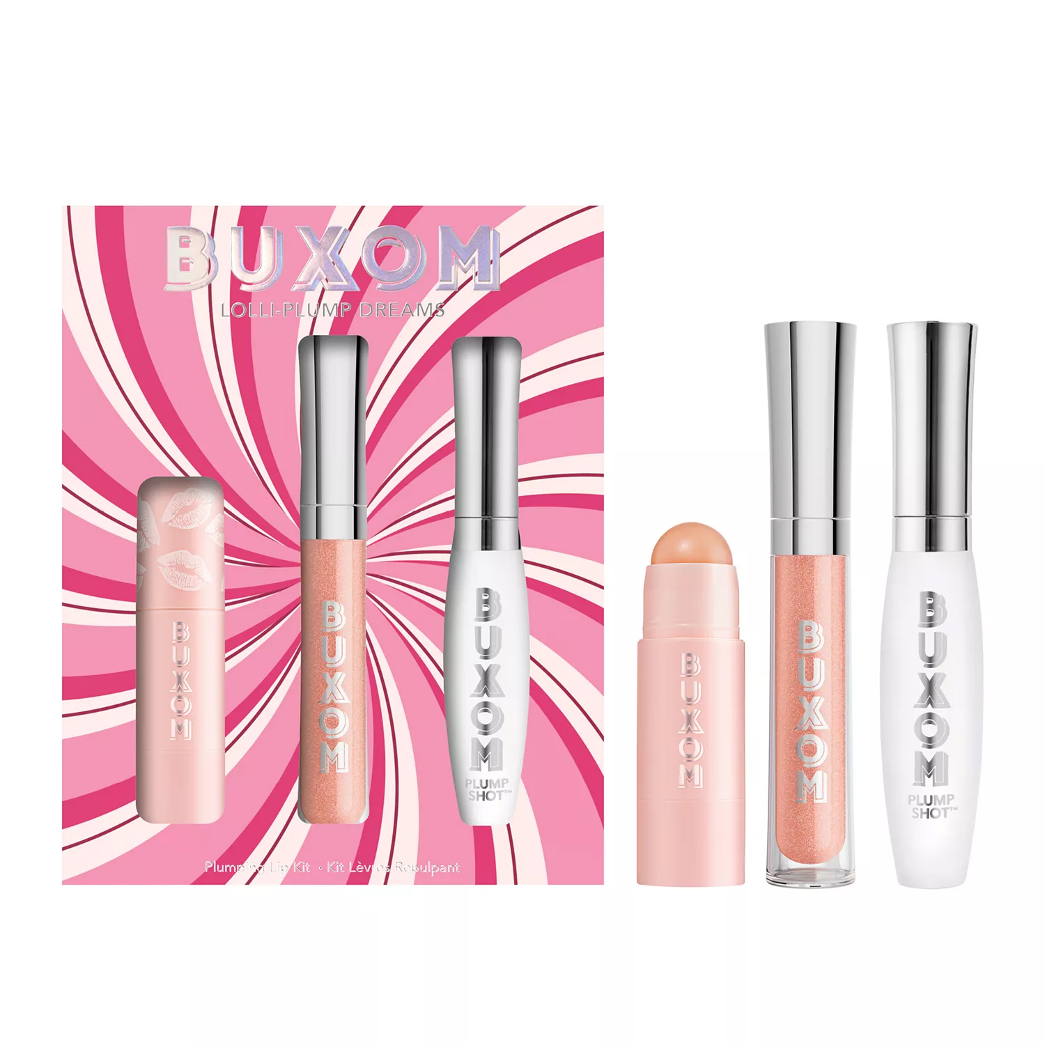 Buxom Lolli-Plump Dreams kit with a pink and white swirled box includes a lip balm, shimmery peach gloss, and a clear \“Plump Shot\“ lip serum.