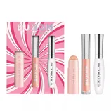 Buxom Lolli-Plump Dreams kit with a pink and white swirled box includes a lip balm, shimmery peach gloss, and a clear \“Plump Shot\“ lip serum.