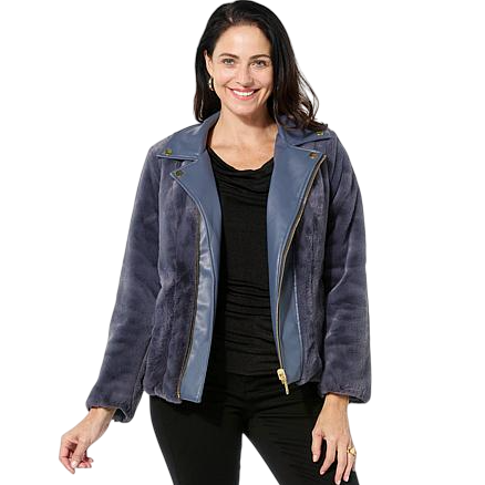 A woman is wearing a blue faux fur jacket with leather accents and a zip closure, paired with a black top and black pants.