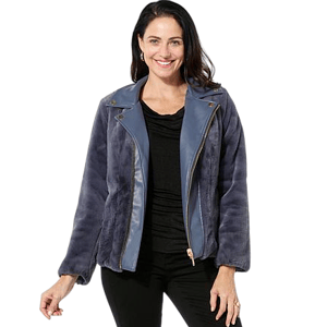 A woman is wearing a blue faux fur jacket with leather accents and a zip closure, paired with a black top and black pants.