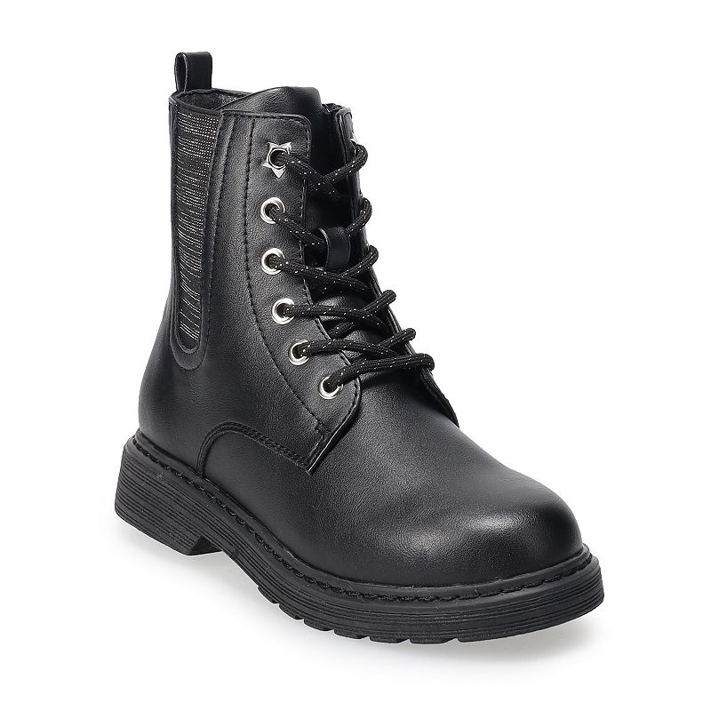 Black ankle-high girls' boots with lace-up fronts, a side zipper, and a chunky sole.