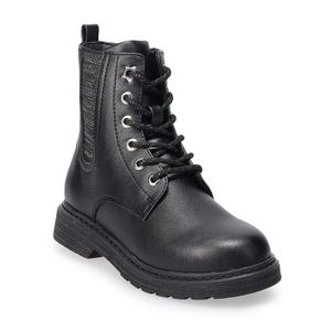 Black ankle-high girls' boots with lace-up fronts, a side zipper, and a chunky sole.
