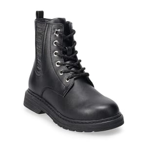 Black ankle-high girls' boots with lace-up fronts, a side zipper, and a chunky sole.
