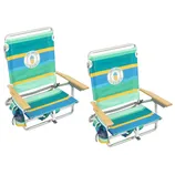 Two colorful beach chairs with wooden armrests and cup holders, featuring a tropical design with the text \“Tommy Bahama\“ and \“Live the Island Life.\“