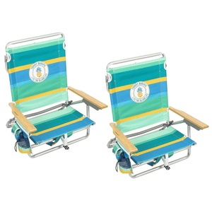 Two colorful beach chairs with wooden armrests and cup holders, featuring a tropical design with the text \“Tommy Bahama\“ and \“Live the Island Life.\“