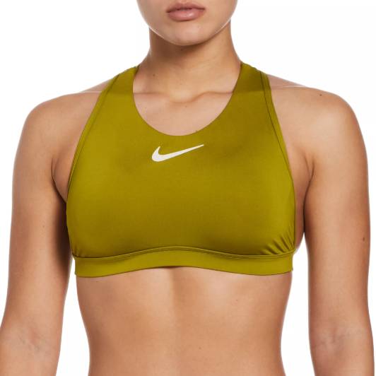 Olive green sports bra with a white Nike logo on the chest.