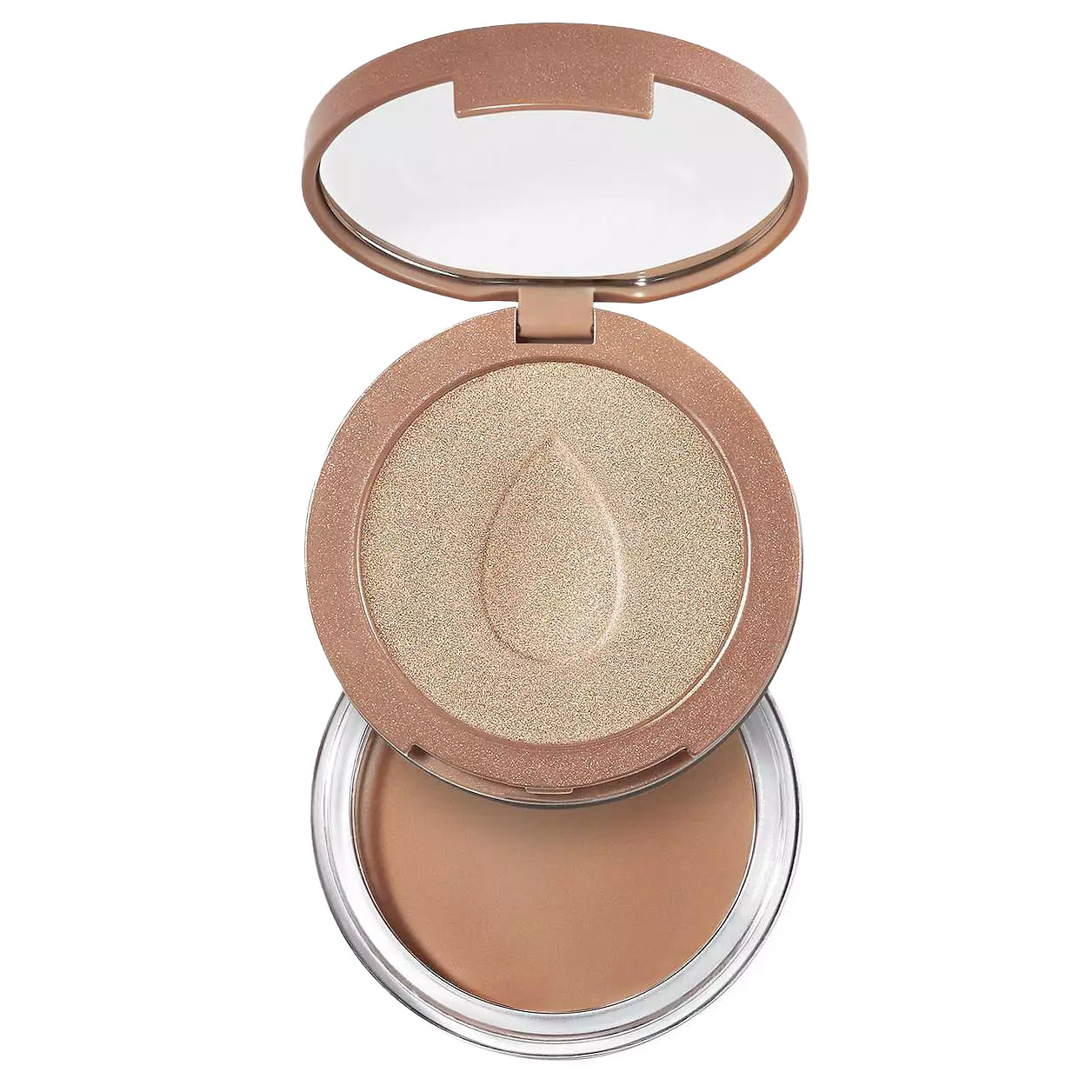 The BeautyBlender Bronzer & Highlighter Duo features a compact case with a shimmering highlighter on top and a warm matte bronzer beneath, designed for convenient application.