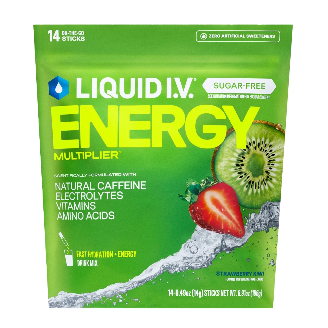 Liquid I.V. Energy Multiplier is a sugar-free drink mix with natural caffeine, electrolytes, vitamins, and amino acids, providing fast hydration and energy. Flavor: Strawberry Kiwi. Includes 14 on-the-go sticks, 0.49 oz each.