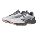 White and gray trail running shoes with pink soles and black accents, featuring a rugged tread for outdoor activities.