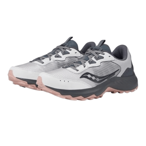 White and gray trail running shoes with pink soles and black accents, featuring a rugged tread for outdoor activities.