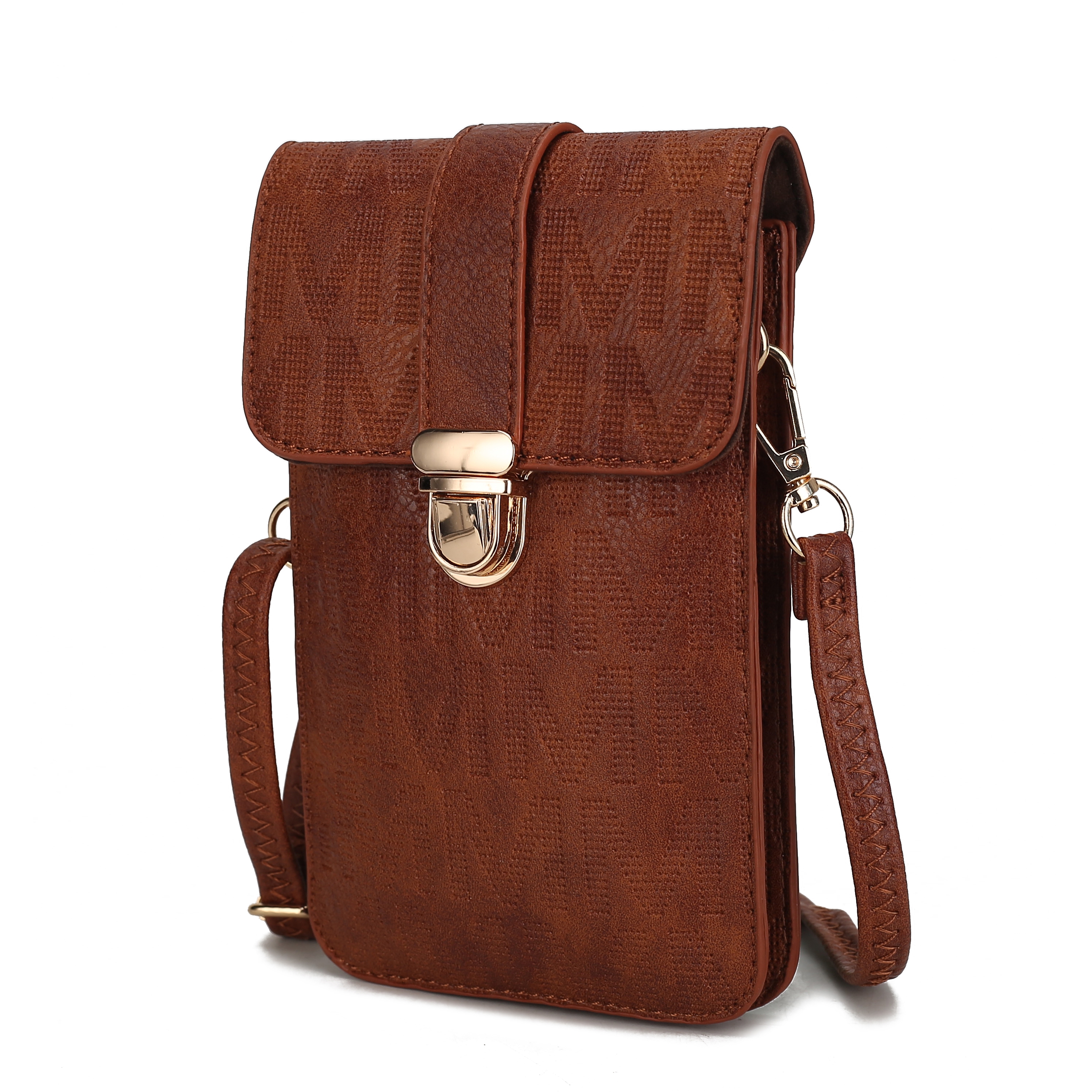 A brown leather crossbody bag with a flap closure and gold clasp, featuring an embossed \“M\“ pattern. It includes a detachable strap.