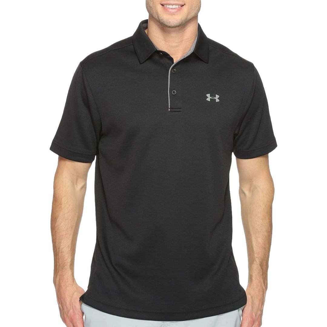 Men's black Under Armour polo shirt with short sleeves, featuring a buttoned collar and the Under Armour logo on the chest.