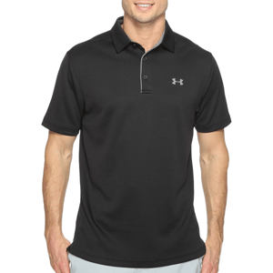 Men's black Under Armour polo shirt with short sleeves, featuring a buttoned collar and the Under Armour logo on the chest.
