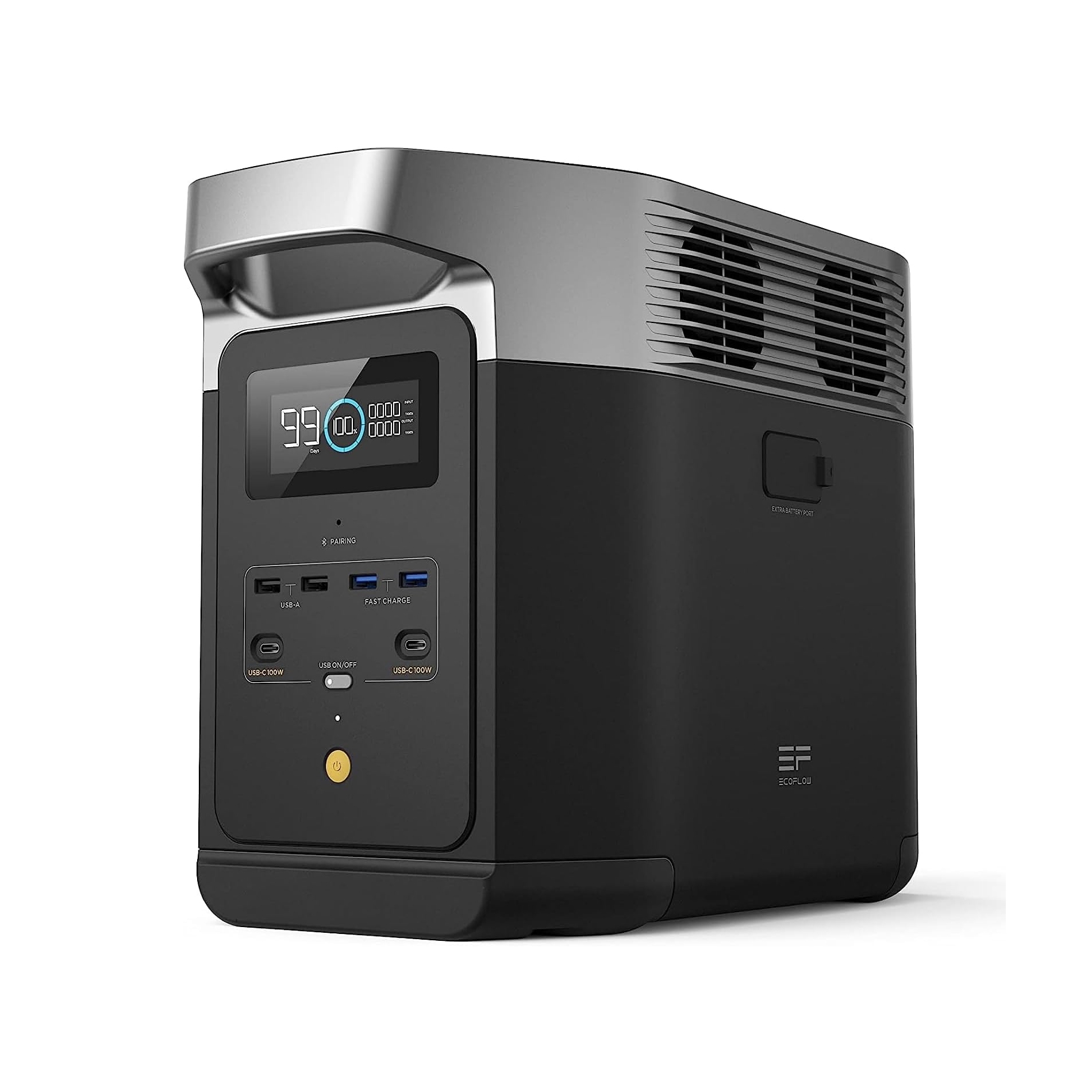 A portable power station, featuring multiple USB ports for charging devices and a digital display indicating battery status.