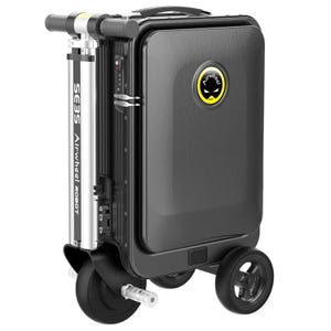 The Airwheel SE3S is an electric rideable carry-on suitcase with two large wheels, a retractable handle, and a sleek black design, allowing users to ride it like a scooter for easy transport in airports.