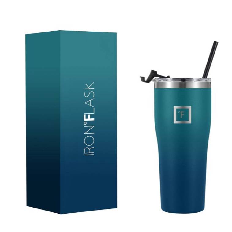 Teal Iron Flask insulated tumbler with a straw and flip lid, next to its packaging box.