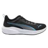 A black athletic shoe with a blue and gray accent stripe, featuring a cushioned white sole and blue branding logo.