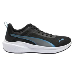 A black athletic shoe with a blue and gray accent stripe, featuring a cushioned white sole and blue branding logo.