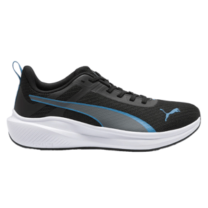 A black athletic shoe with a blue and gray accent stripe, featuring a cushioned white sole and blue branding logo.