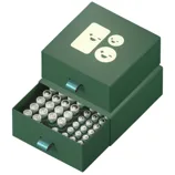 Green, two-drawer storage box labeled with happy and sad battery icons, containing organized AA and AAA batteries.
