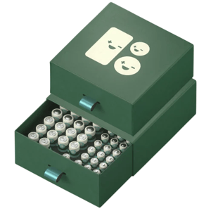Green, two-drawer storage box labeled with happy and sad battery icons, containing organized AA and AAA batteries.
