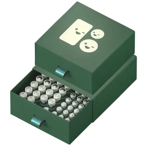Green, two-drawer storage box labeled with happy and sad battery icons, containing organized AA and AAA batteries.