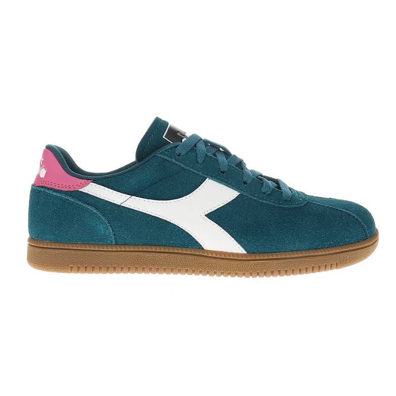 Teal suede sneakers with white accents, featuring a pink heel detail, lace-up closure, and a gum rubber sole.
