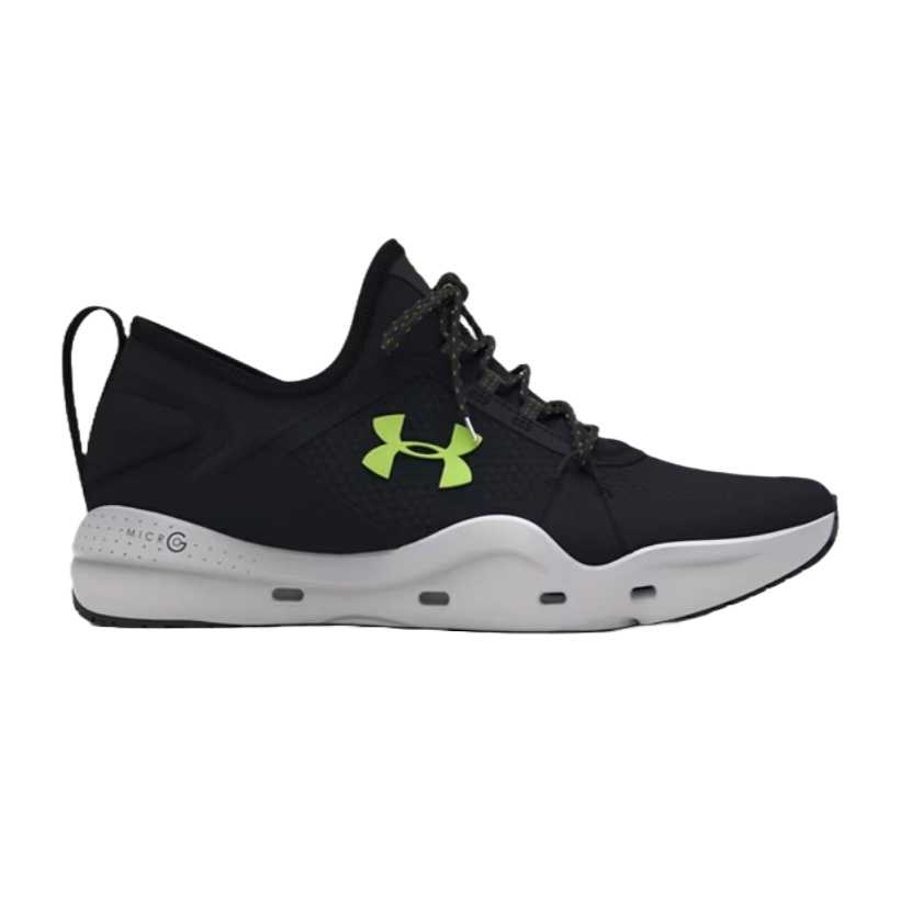 Under Armour Micro G Fishing Shoes are black with a neon green logo, featuring a white sole and MICRO G cushioning for comfort. They have a sleek design with a loop at the heel and patterned laces.