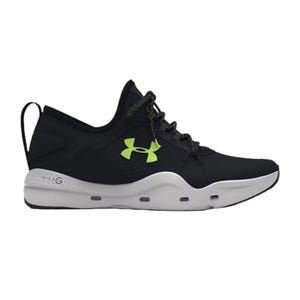 Under Armour Micro G Fishing Shoes are black with a neon green logo, featuring a white sole and MICRO G cushioning for comfort. They have a sleek design with a loop at the heel and patterned laces.
